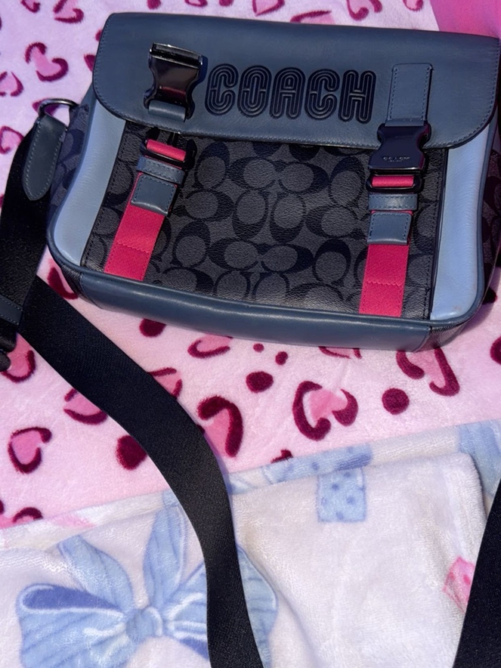 Coach Light Blue Trim Canvas Shoulder Bag with Pink Accent